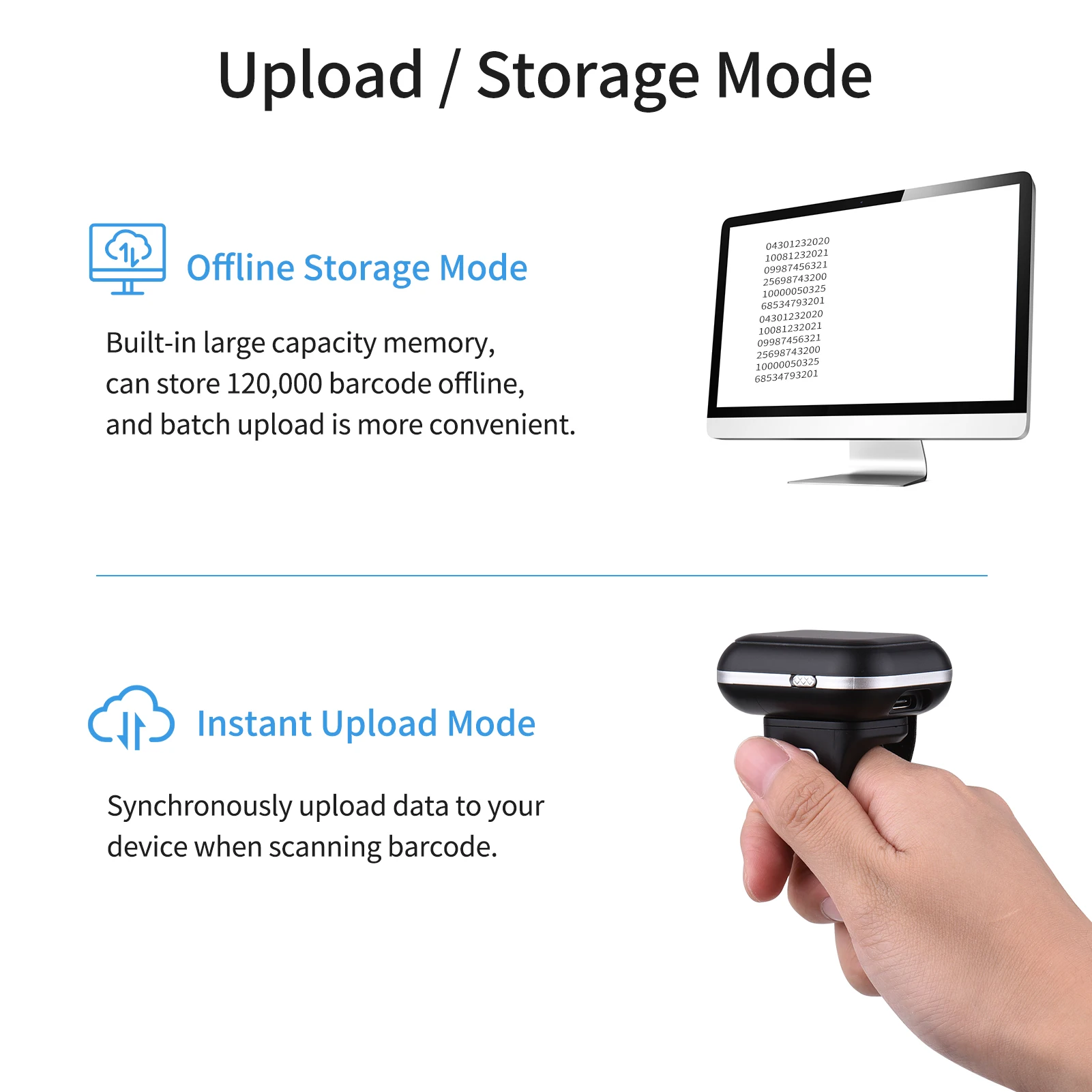 

2D Ring Barcode Scanner Portable BT Wireless & USB Wired Barcode Reader Wearable Mini 1D 2D QR BarCode Scanner 270 Rotation