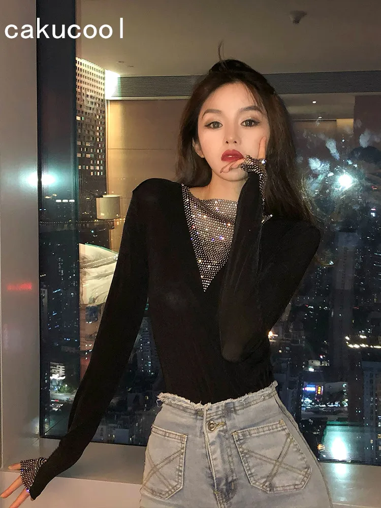 Новая Сексуальная облегающая футболка Cakucool сетчатая блестящая черная Базовая с