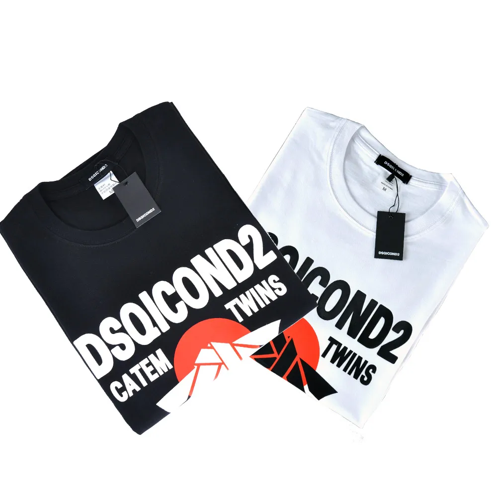 

dsq brand summer style 100% cotton D2 black casual O-Neck short sleeve tees white letter T-shirt for men
