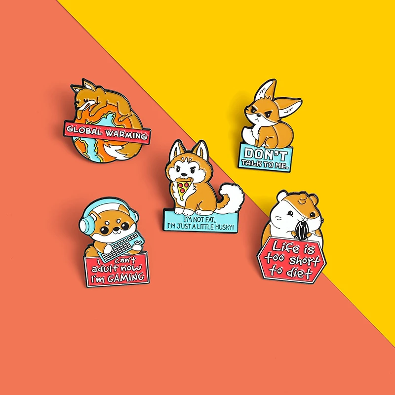 

Life Is Foo Short Fo Dief Custom Fox Shiba Inu Hamster Enamel Pins Global Warming Brooches Shirt Lapel Animal Badge Jewelry Gift