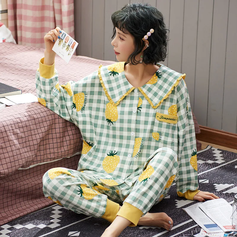 Милые пижамы с принтом для девочек весенний хлопковый костюм длинными рукавами