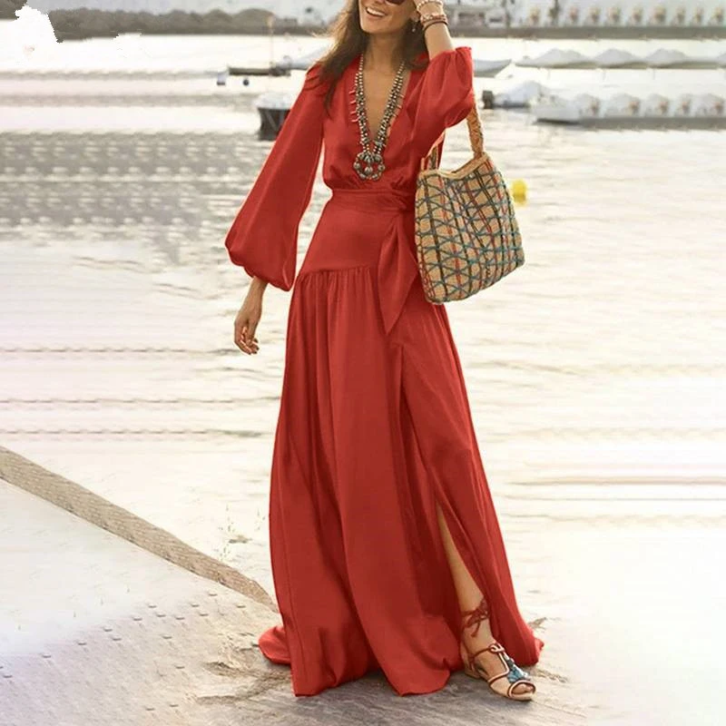 

Ladies Elegant Lantern Sleeve Maxi Dress Fashion Split Long Party Dresses Spring Women Sexy V-Neck Beach Solid Dress Vestidos