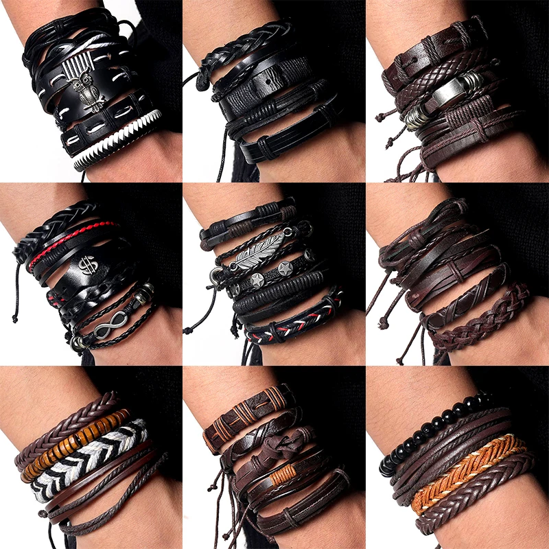 

Wood Bead Male Multilayer Leather Bracelet Men Braided Rope Wrap Bracelets Bangles Pulseira Masculina Jewelry Pulsera New