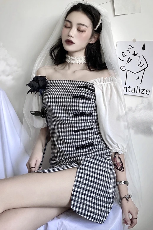 

Chinese Dress Woman Stiching Plaid Bride Gothic Qipao Sexy Girl Cheongsam Festival Fashion Clothing Mini Traditional Robe Split