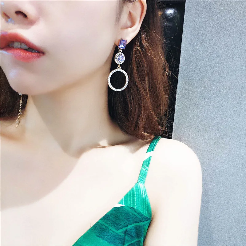 

Classic purple Rhinestone Geometric Women Dangle Earrings Long Asymmetrical Earrings For Women gold colour Drops Earrings