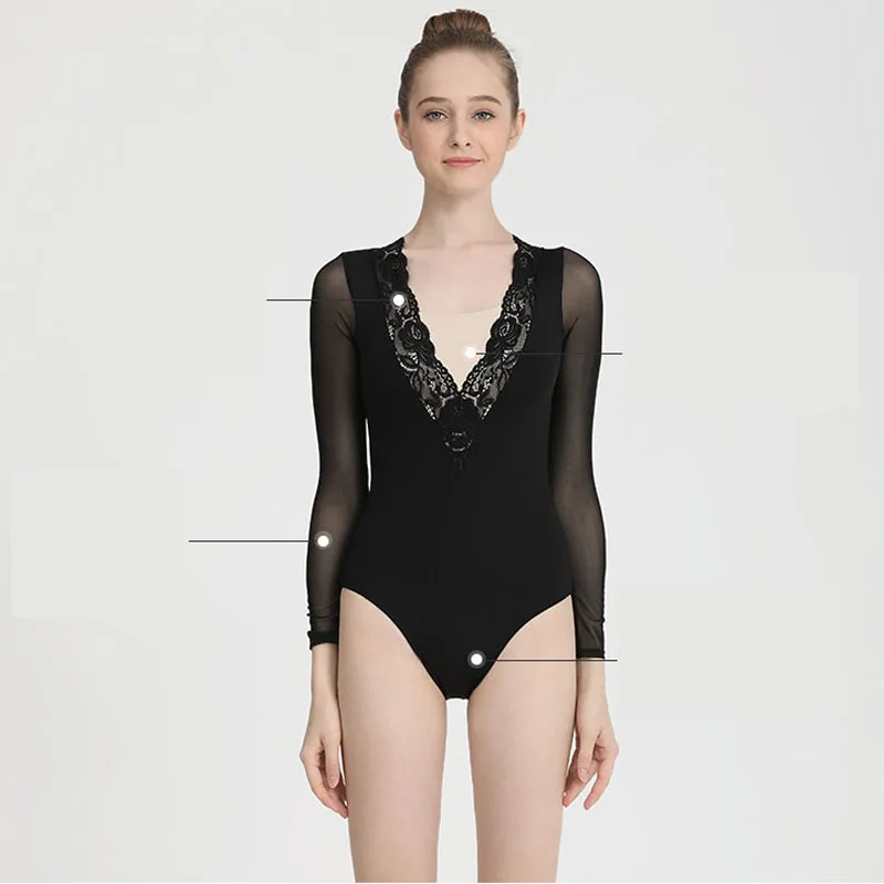 Балетный купальник для женщин черный гимнастический с глубоким v образным
