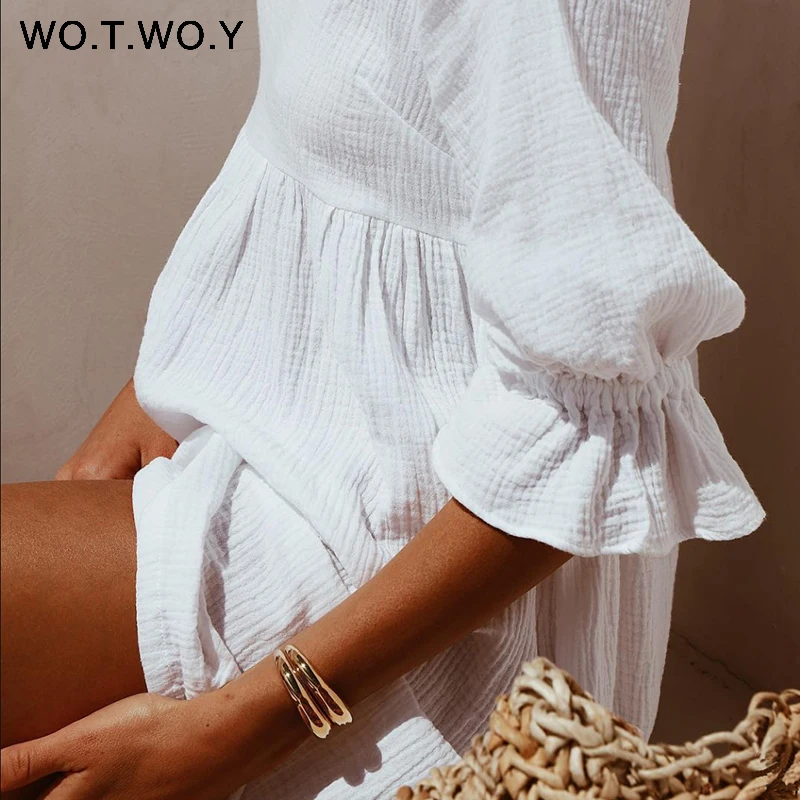 Женское платье рубашка с оборками WOTWOY белое повседневное хлопковое мини