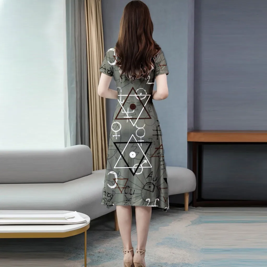 

Geometric print medium length summer skirt Korean Short Sleeve waist A-line dress women's round neck print girls SAGACE robe t