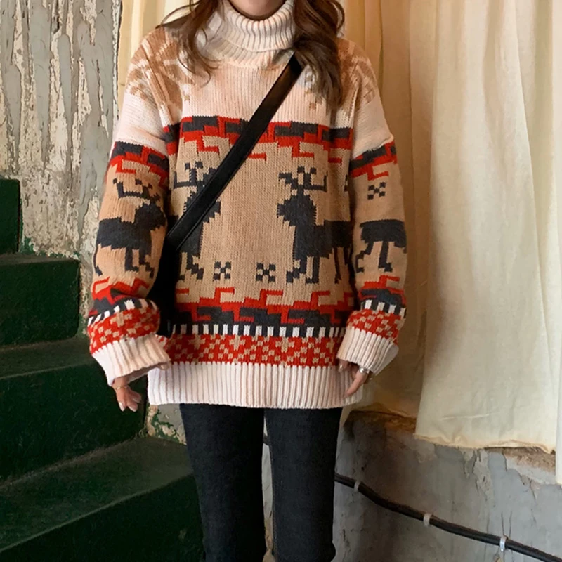 

Christmas Turtleneck Thick Sweaters Women Loose Casual Knitted Pullovers Snowflake Deer Printed Knitting Clothes 2020 Winter
