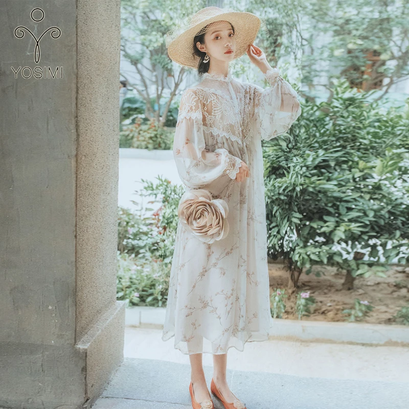 Женское винтажное платье из вуали и кружева YOSIMI длинное ажурное с принтом