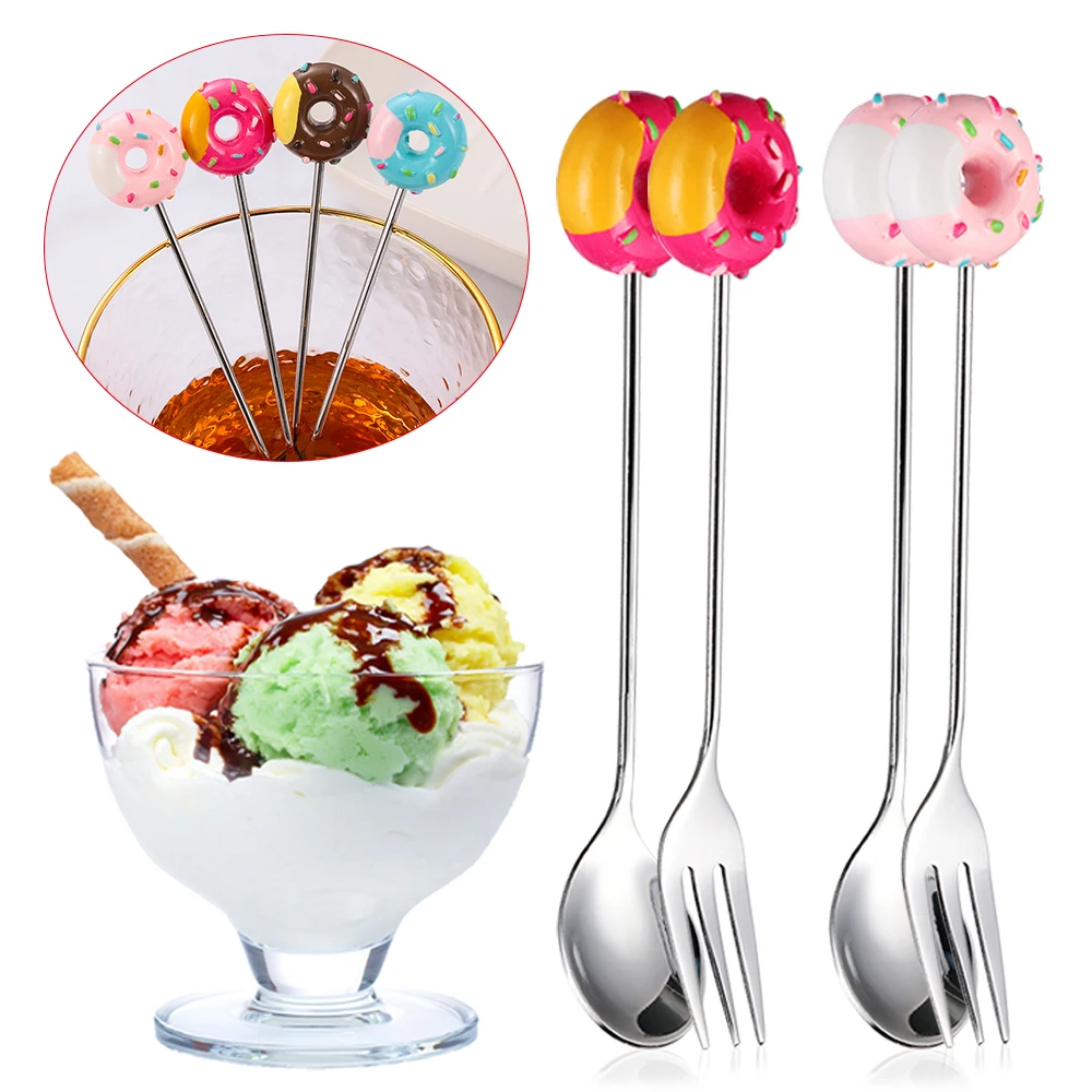 

Mini Stainless Steel Dessert Spoon Fork Ice Cream Coffee Stirring Spoons Teaspoon Donut Design Fruit Fork Xtmas Kitchen Flatware