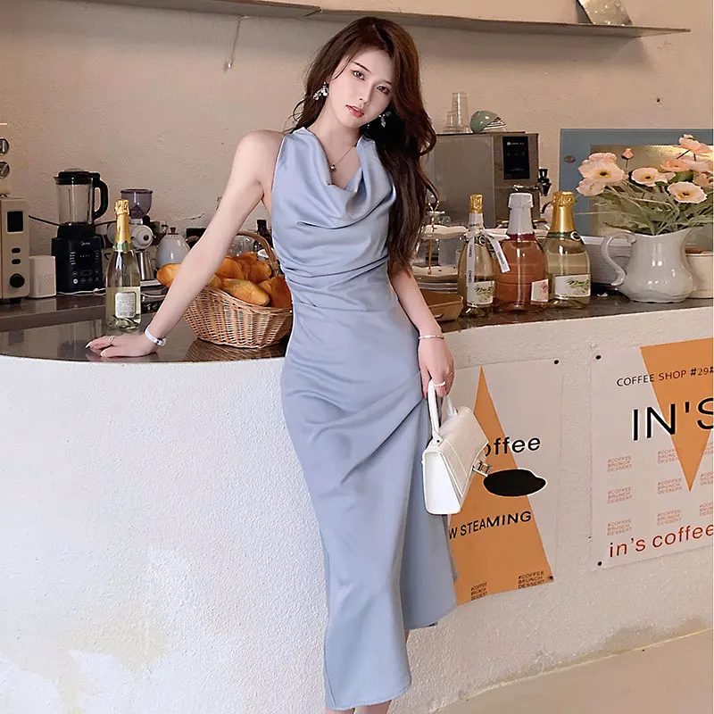 

Summer 2021 Satin Dress Woman Sleeveless Spaghetti Strap Evening White Black Party Wedding Vintage Pure Long Dresses