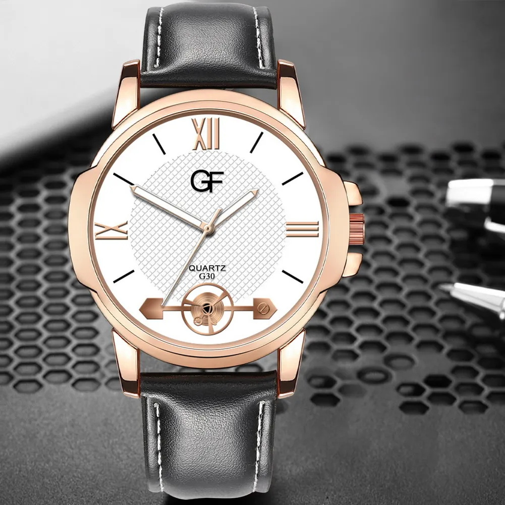 

Newly Men Quartz Watch Round Dial PU Leather Belt Elegant Wristwatch Birthday Gifts m99