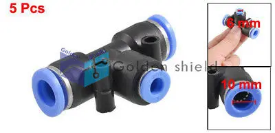 

5Pcs 3 Ways 10mm to 6mm Coupler T Style Tubing Quick Push in Fittings