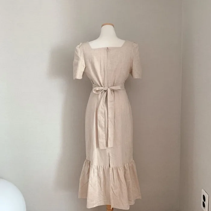 

Korean Chic Elegant Western Style Summer Retro Temperament Square Collar Sheath Fishtail Slim Mid-Length over-the-Knee Dress