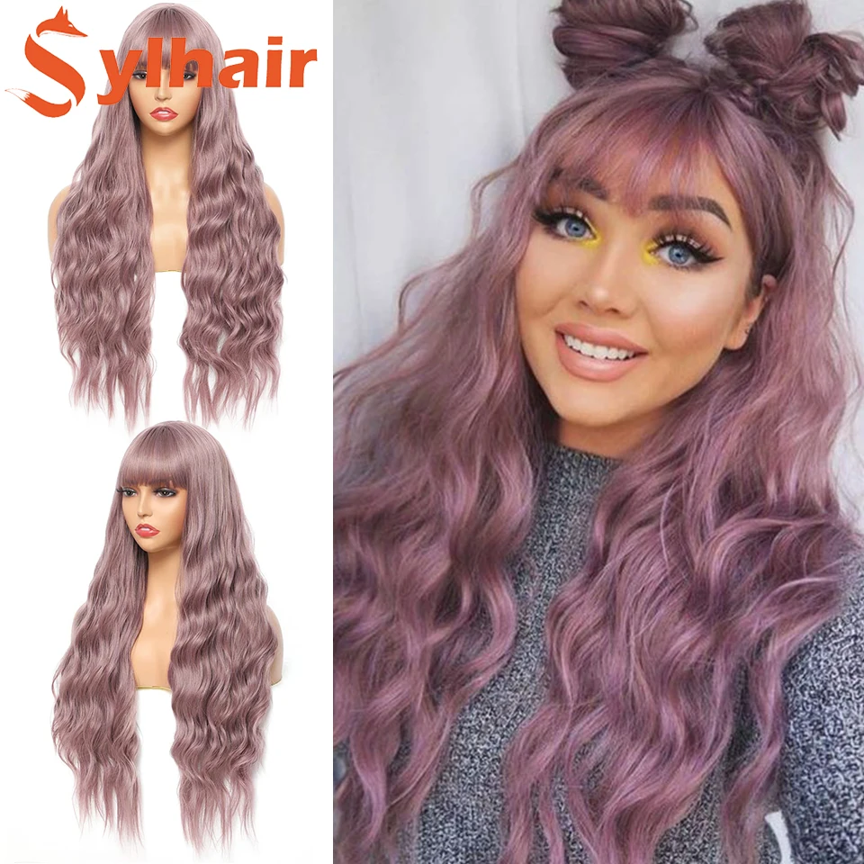 

Long Water Wave Purple High Temperature Wigs for Black White Women Afro Cosplay Party Daily Synthetic Hair Wigs with Bangs Sylha