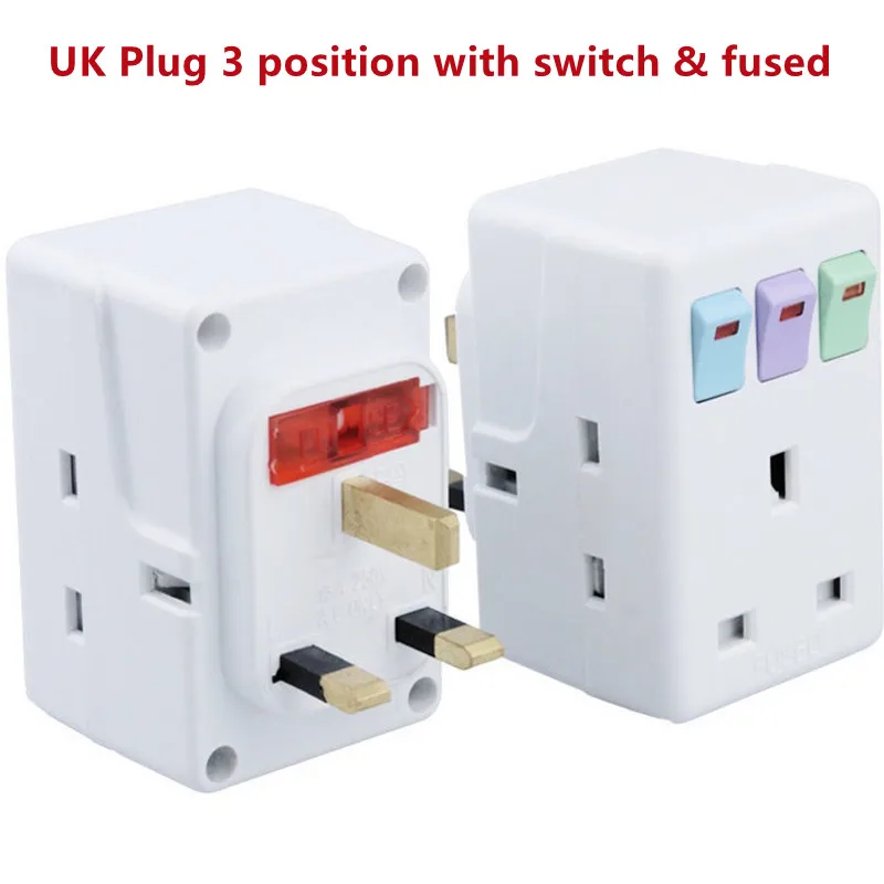 

1 to 3 - UK Britian Plug Socket Splitter 3 Output With Independent On/Off LED Switch AC100~250V 13A Fused