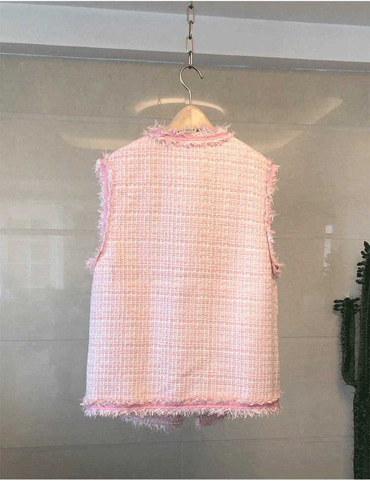 Женская твидовая куртка без рукавов подиумная однобортная с круглым вырезом и