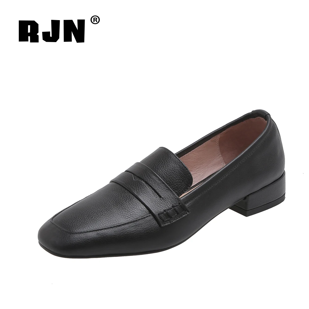 

RJN New Elegant Pumps Classic Low-heel Square Toe Handmade High Quality Genuine Leather Women Shoes Autumn Pumps White RO234
