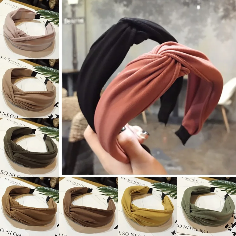 Женская повязка на голову однотонная с бантом перекрестная тканевая ободок