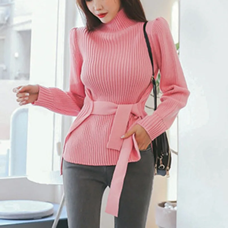 

New Autumn Winter Turtleneck Knit Sweaters Woman Full-Sleeve Lace-Up Knitted Jumper Female Pullover 2021 Basic Tops