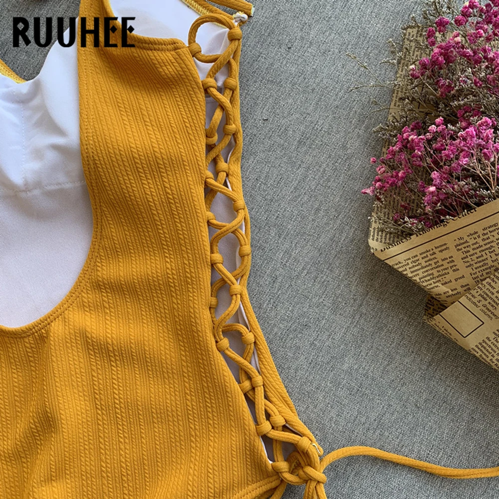 RUUHEE 2020 цельный купальник женский полый боди однотонный купальный костюм на