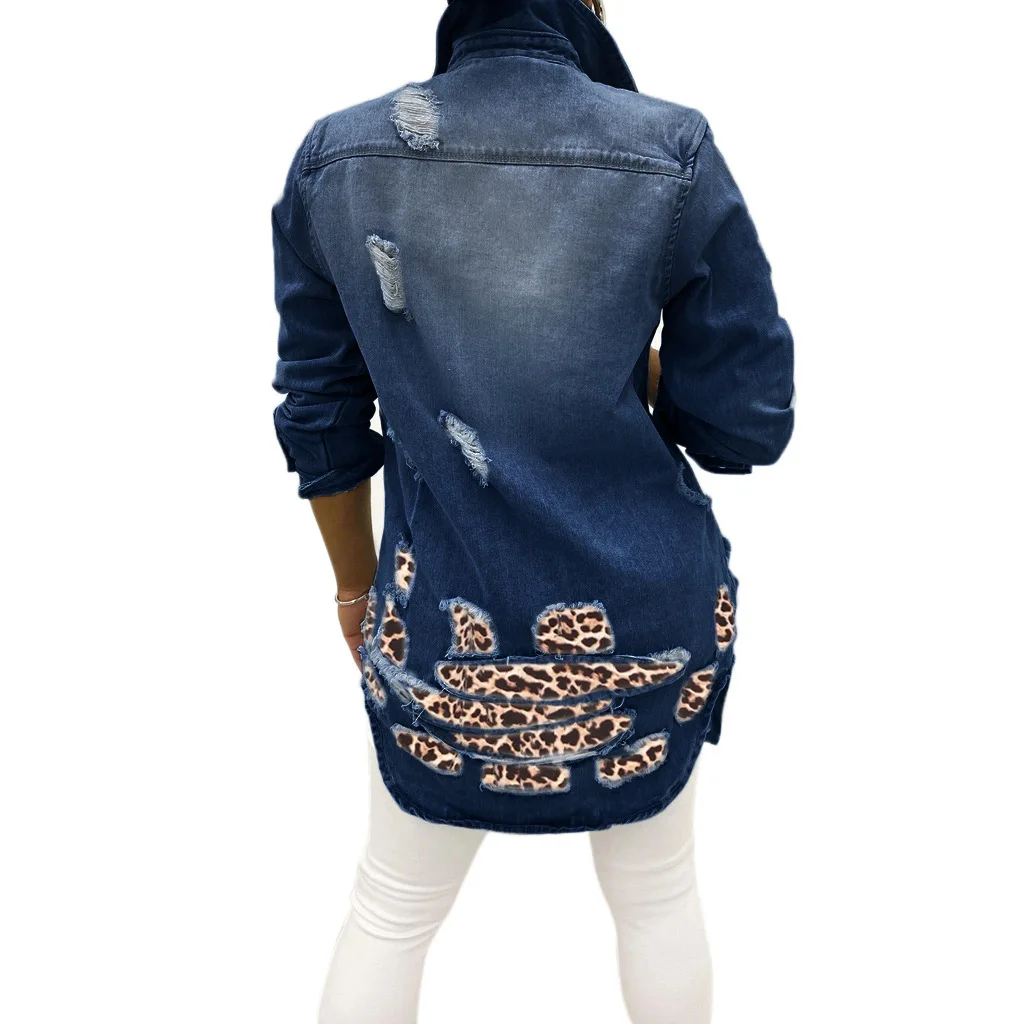 

Zoctuo Leopard Women'S Denim Jacket Long Sleeve Turn-Down Collar Distressed Coat Buttons Single Breasted Casual Jacket Women