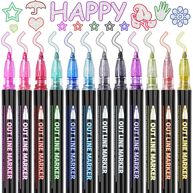 12 Color Double Line Outline Pen Set Metallic Color Magic Highlighter Marker Pen for Art Painting Writing School Supplies
