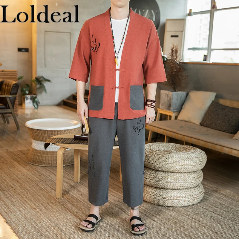

Loldeal Men's Middle-sleeved Shirt Set Chinese Style Printed Pocket Decoration Cotton Kimono + Cropped Pants