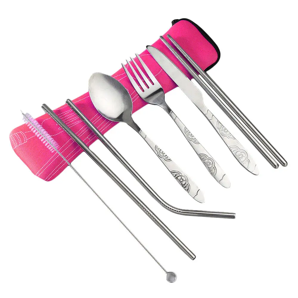 7pcs Portable Stainless Steel Cutlery Suit Reusable Straw and Chopstick Travel Knife Fork Set cubiertos inoxidable | Дом и сад