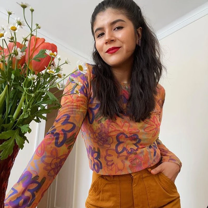 Футболка с высоким воротником Y2K винтажным цветочным принтом осенне-весенний