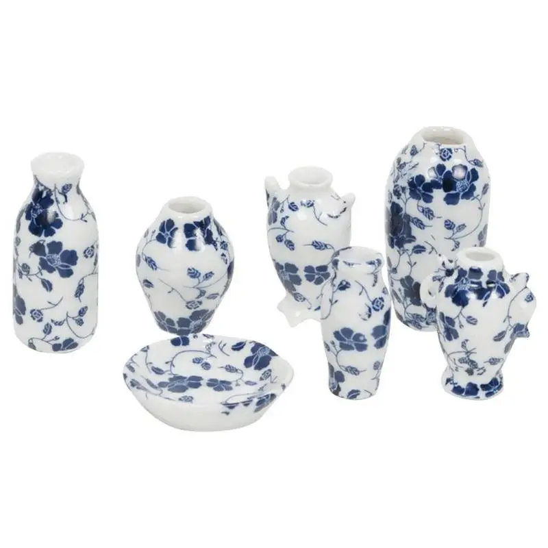

7pcs/set 1:12 Dollhouse Accessories Mini Ceramic Vases Dollhouse Toy Ceramic Scene Vases B7T1 Plate Model Decoration Miniat A9J6