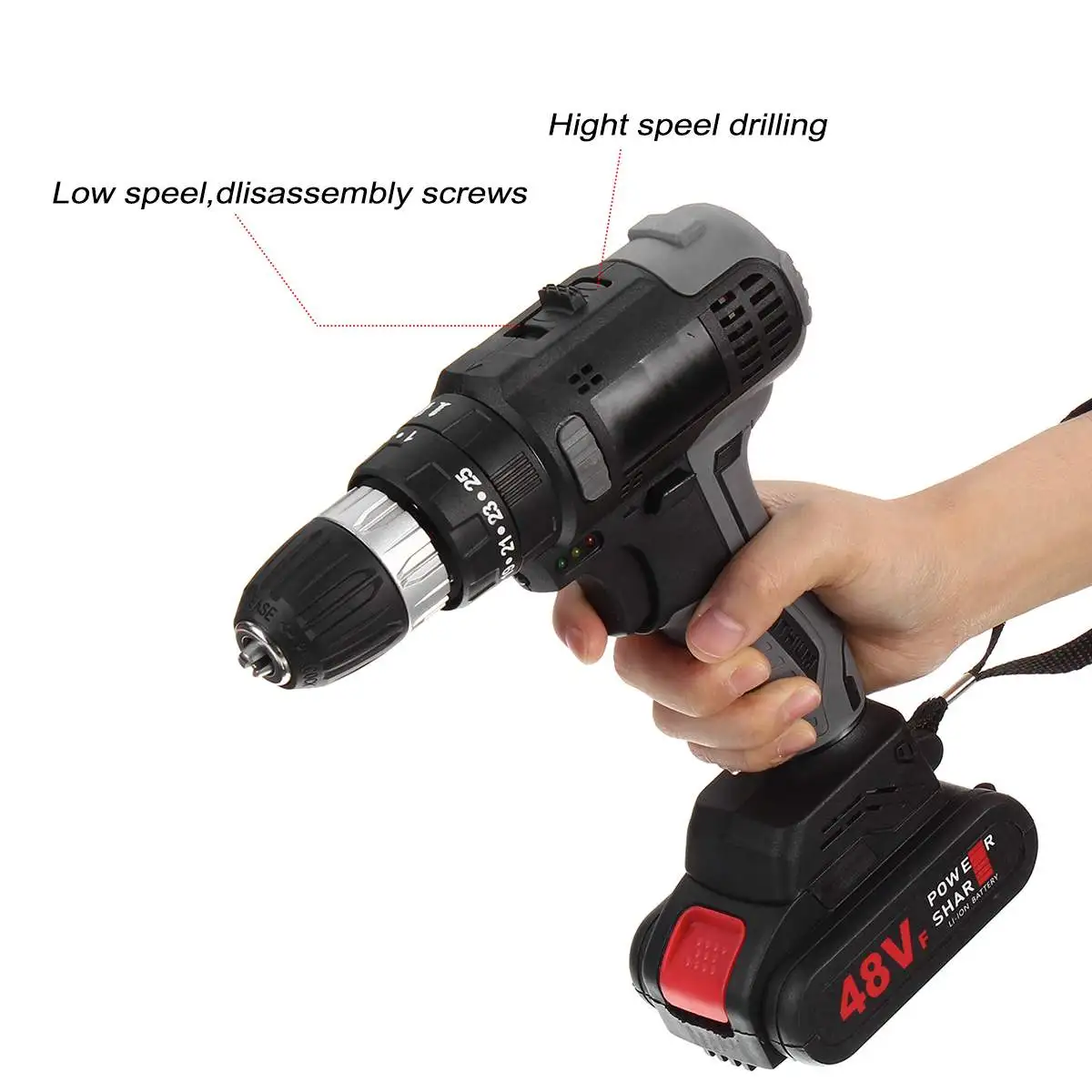 

25+3 Torque Cordless Brushless Impact Drill Screwdriver 48V Rechargeable Dual Speed Power Tools With 2 Battery