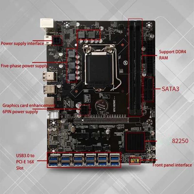 

Miner Motherboard B250C BTC for CPU Set 12 Video Card slot support LGA 1151 DDR4 DIMM Memory SATA3.0 USB3.0 with 2 Cable