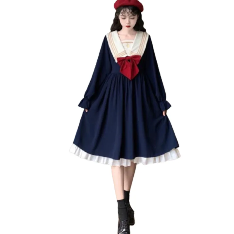 

Винтажное платье премиум качества с длинным рукавом и бантом JK платье Женская длинная юбка для колледжа осеннее свободное женское модное э...