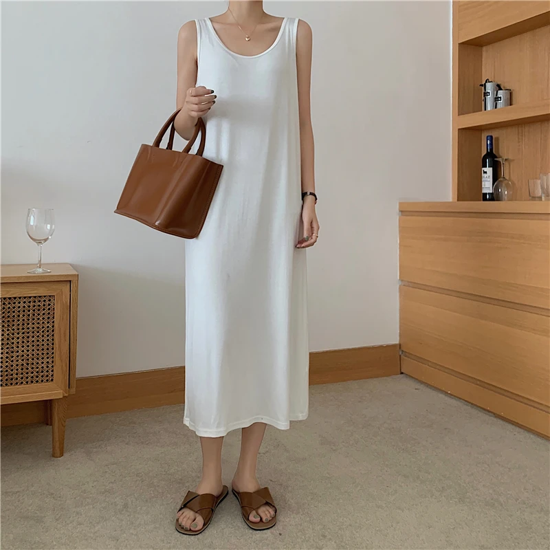

Summer Women Long Fashion Casual Solid Color Sleeveless Tank Straight Dress YOU621