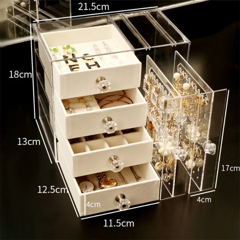 

Transparent Jewelry Box Multi-layer Flocking Drawers Women's Earrings Bracelets Jewelry Organizer Stackable 128 Booths Storage