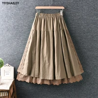 tiyihailey free shipping new cotton linen women skirt spring a long maxi elastic waist a line embroidery crochet patchwork
