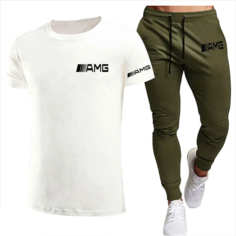 

2021 new short-sleeved T-shirt sports pants 2-piece sportswear AMG printing men's short-sleeved + pants casual sportswear suit m
