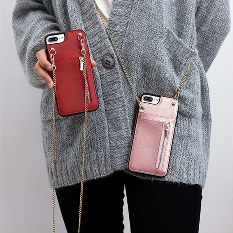 

Leather phone case For iPhone 11 12 Pro MAX XR XS MAX X 6 6s 7 8 Plus Zipper Card Slot back shell With Crossbody long chain Rope