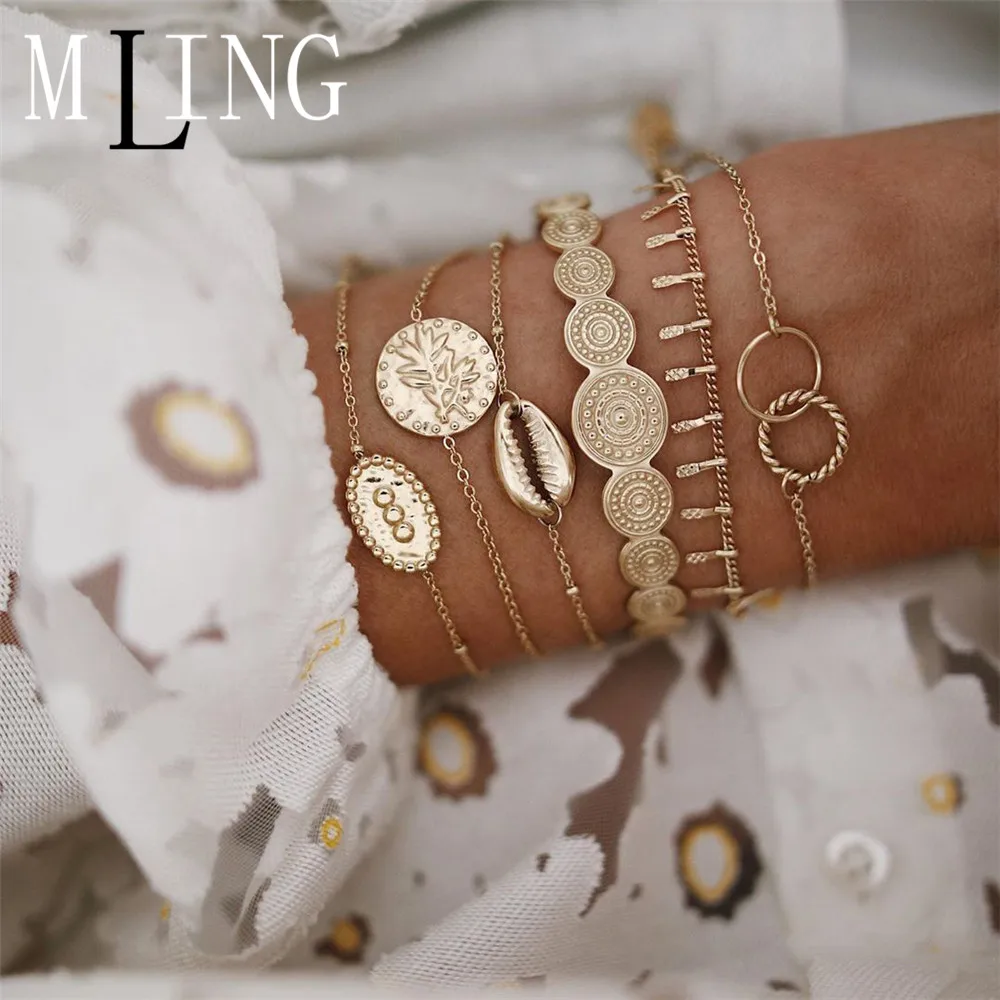MLING 6 шт./Партия набор винтажных золотых Металлических Браслетов богемные круглые