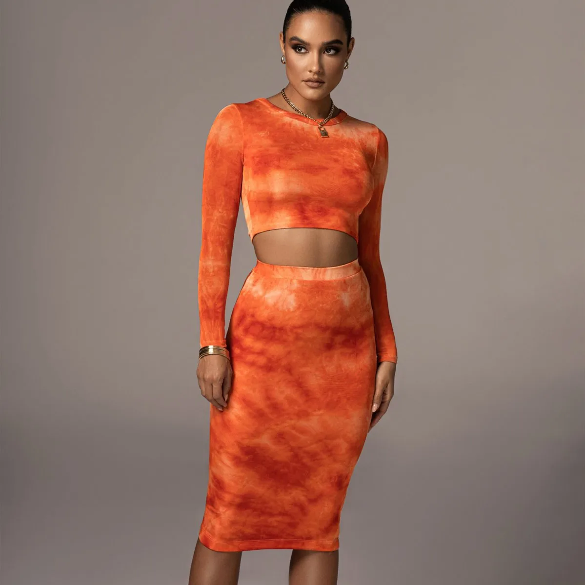 

Женский спортивный костюм с принтом тай-дай, комплект из 2 предметов, короткий топ с длинным рукавом и юбка, облегающая спортивная одежда, ос...