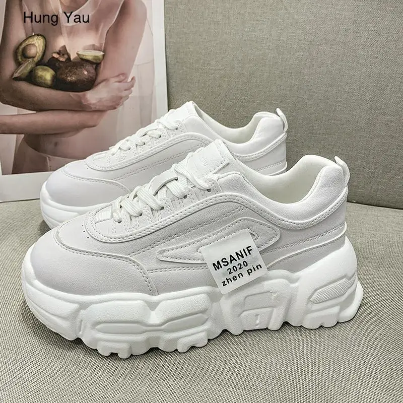

2020 Women Chunky Sneakers Korean Fashion White Pink Lace Up Platform Vulcanized Shoes Female Walking Comfortable Trainers Shoes