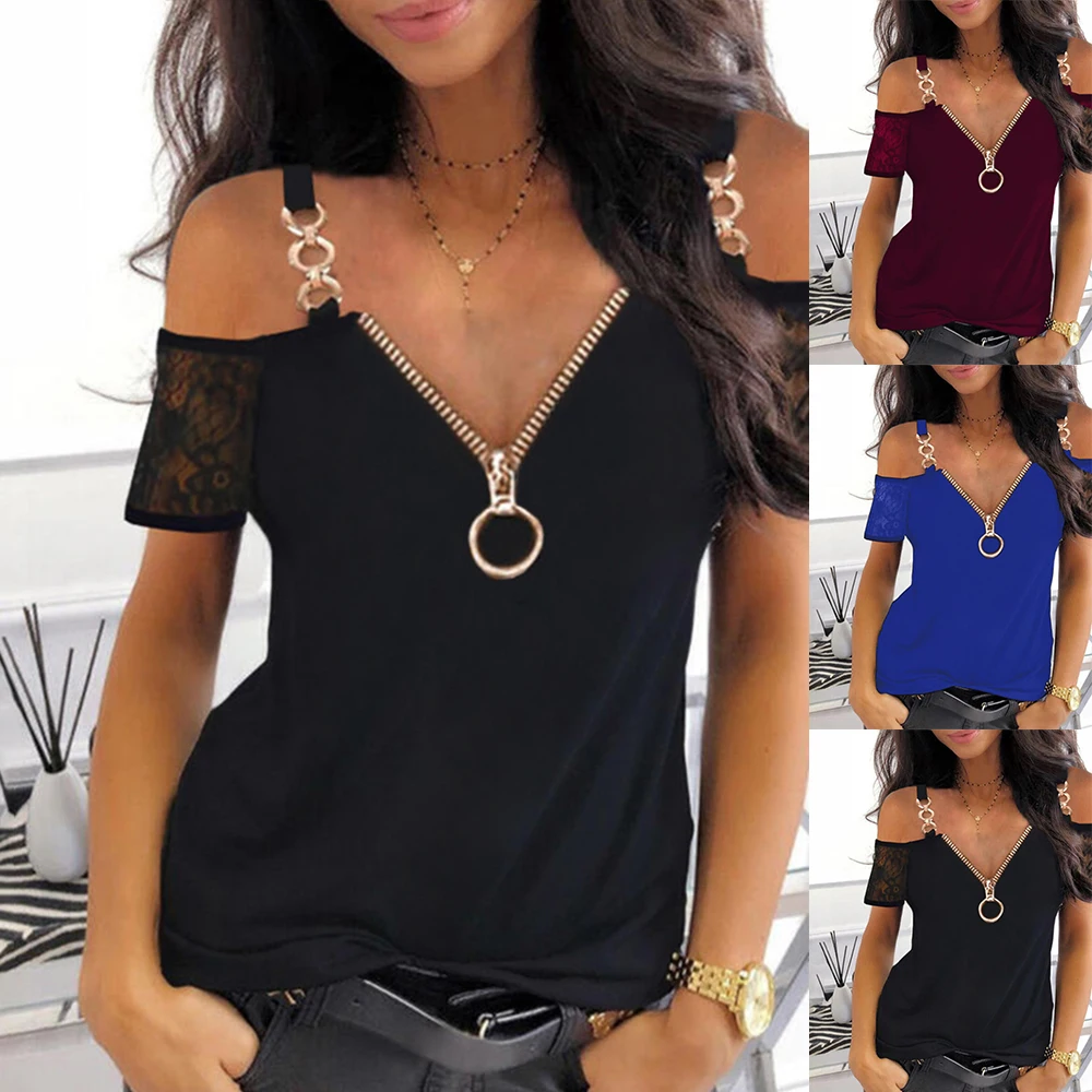 

Zipper Deep V Neck Short Sleeve Plus Size TShirt Tops Women Sexy Summer Fashion Loose Oversized Elegant Pullover Sling Tops D30