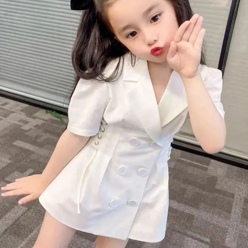 

Girls fashion short-sleeved dress 2021 summer new pure white suit skirt pleated princess dress jacket fairy