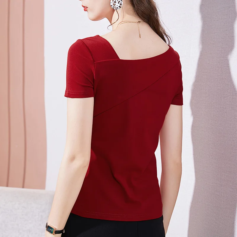 

Skew Collar New 2021 Summer Short Sleeve Women's T-Shirt Fashion Casual Cotton Tops Shirt Plus Size Female Blusas