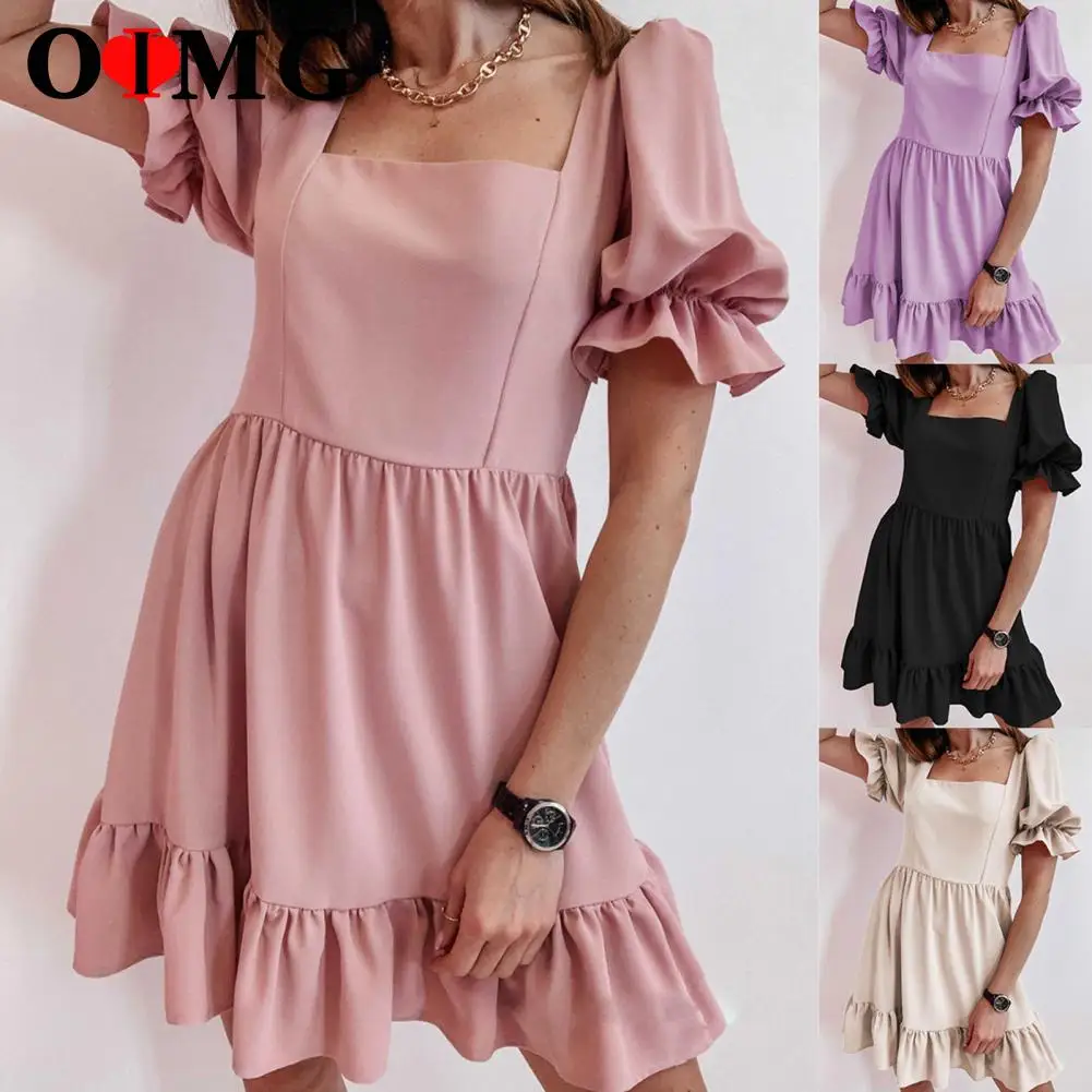 

OIMG Square Neck Solid Color A-line Dress Ruffle Short Sleeve Above Knee Casual Splicing Fairycore Hem Dresses Dropship 10256