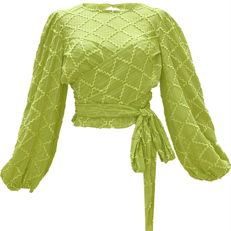 

New Sexy Rhombus Perspective Backless Pullover Blouses Top Female Spring Puff Sleeve Lace-up Mesh Chiffon Shirt Women Autumn