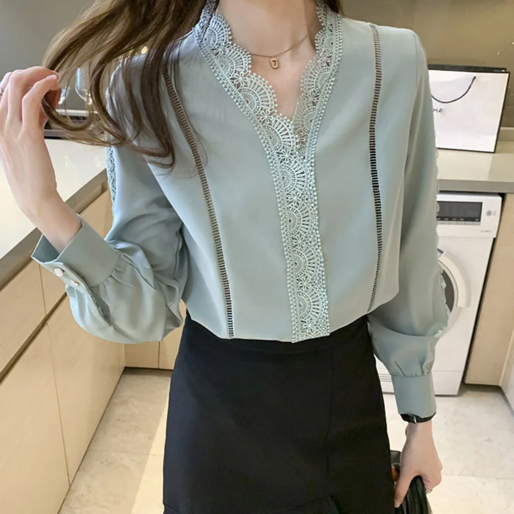 

Women's Chiffon Blouse Foreign Style Spring And Autumn New Solid Casual Lace Thin Long-sleeved Pullover Shirt Bottoming Top
