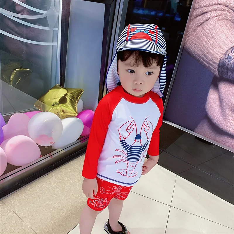 Детский купальный костюм красный с принтом омаров длинными рукавами и защитой от